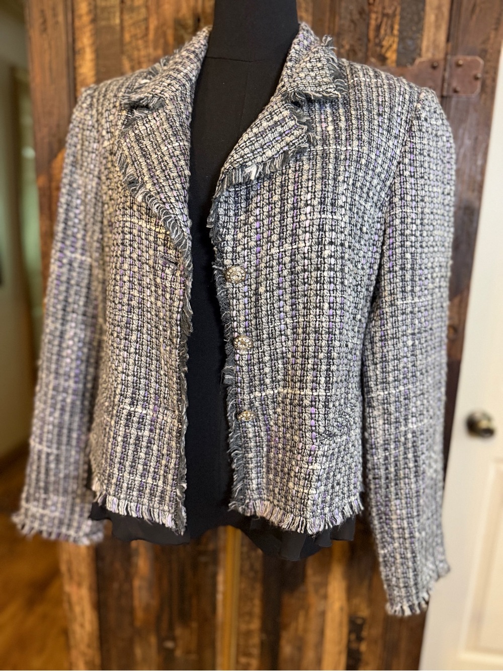 Vintage 90’s Christina Rotelli Boucle Tweed Blazer 14 Rhinestone chiffon trim